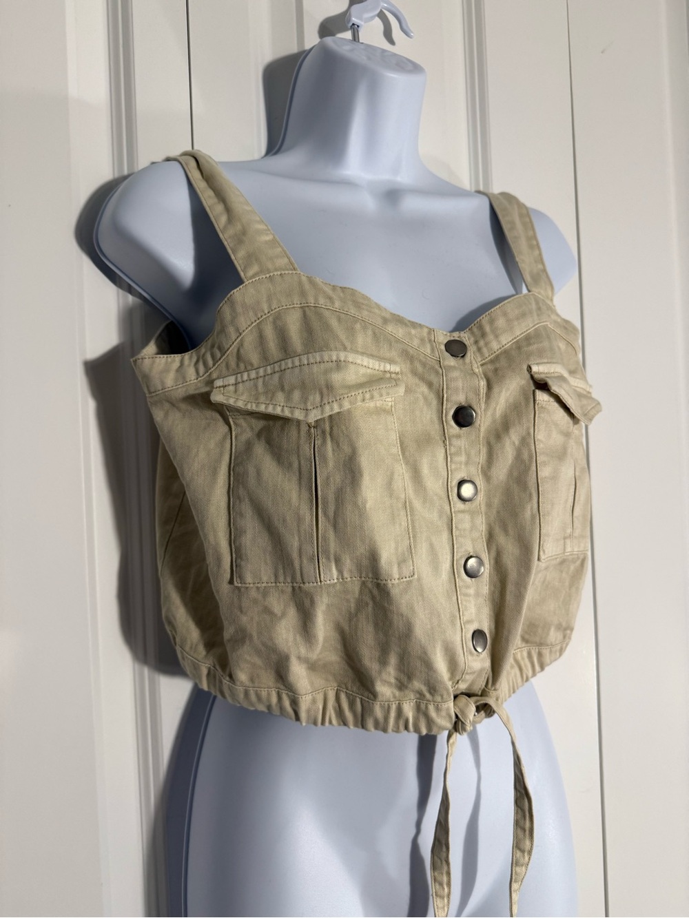 Free People Khaki Button-Front Drawstring Crop Camisole - Picture 4 of 7
